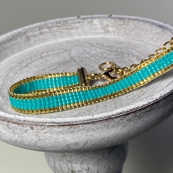 Hand Crafted Jewelry - Teal and Gold  loom-beaded bracelet Miyuki Delica seed beads